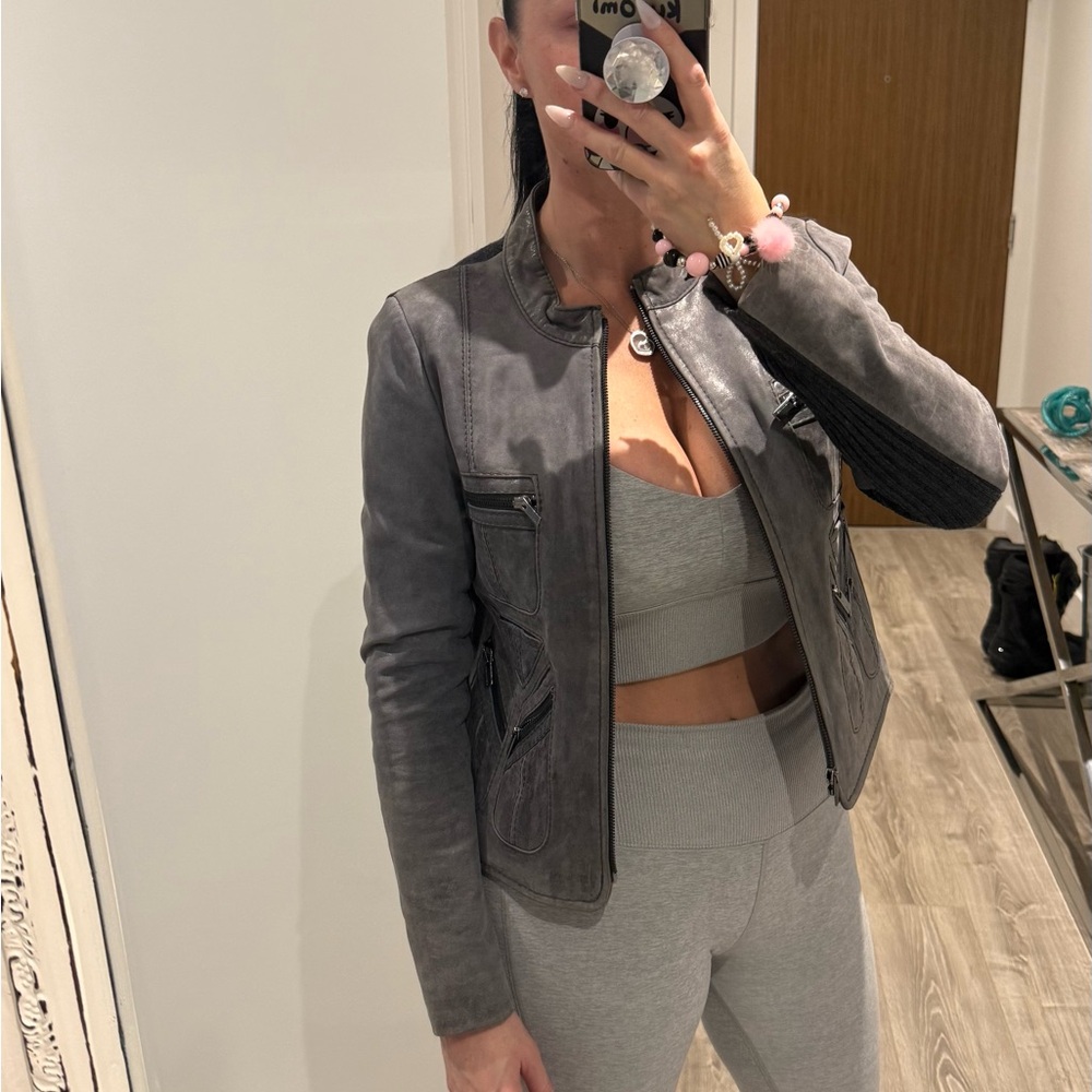 BCBG Women’s Grey Leather Jacket with Knit Wool Detailing – Size L – $150